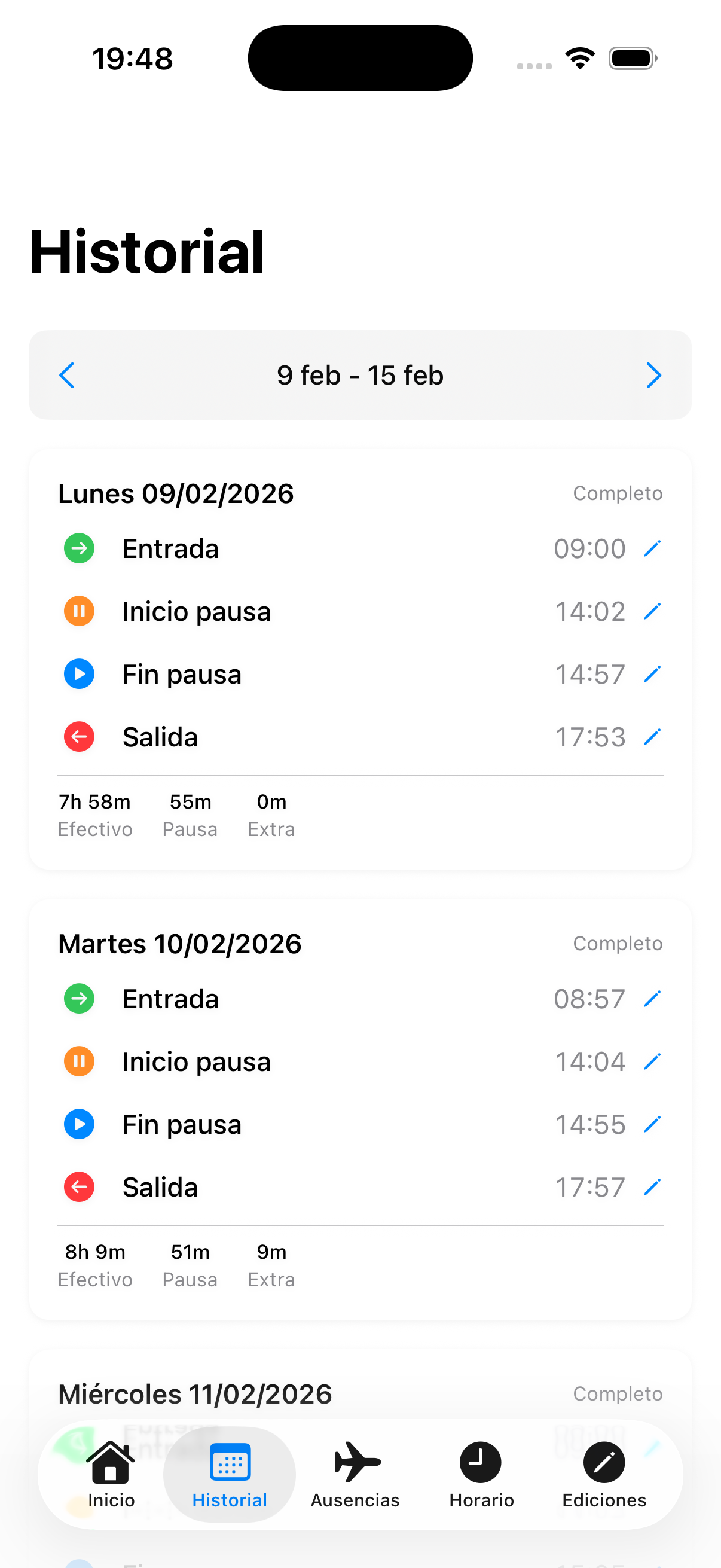 Presencia iOS app showing weekly attendance history with clock entries and work summaries