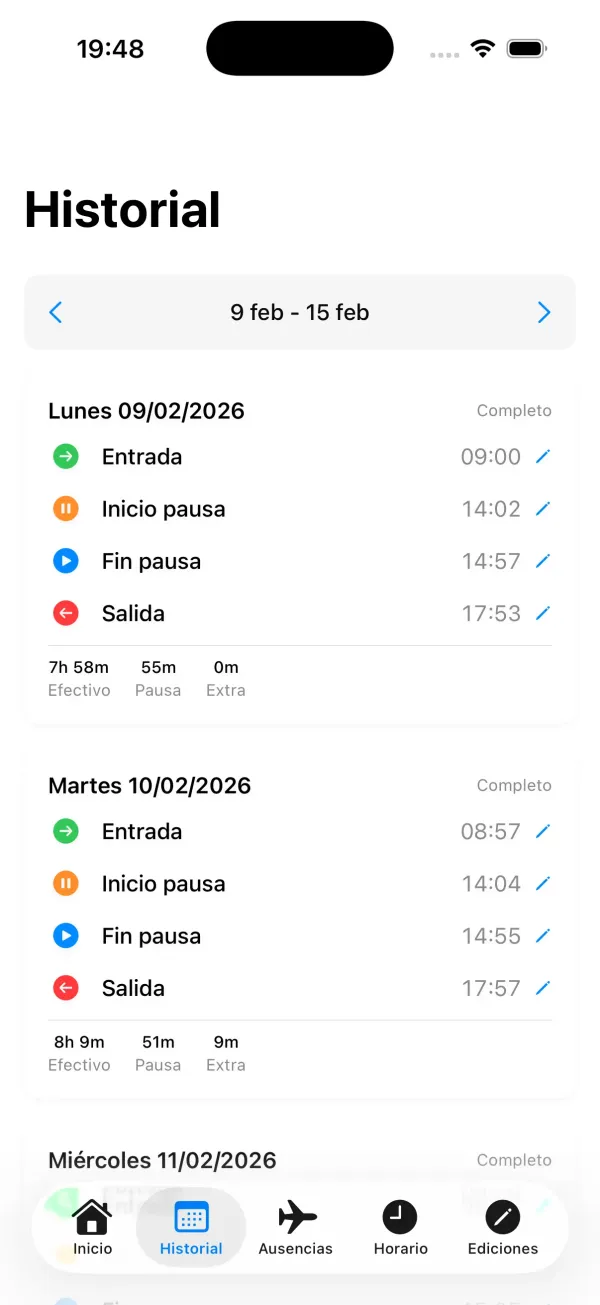App iOS de Presencia mostrando historial semanal con fichajes y resúmenes de jornada