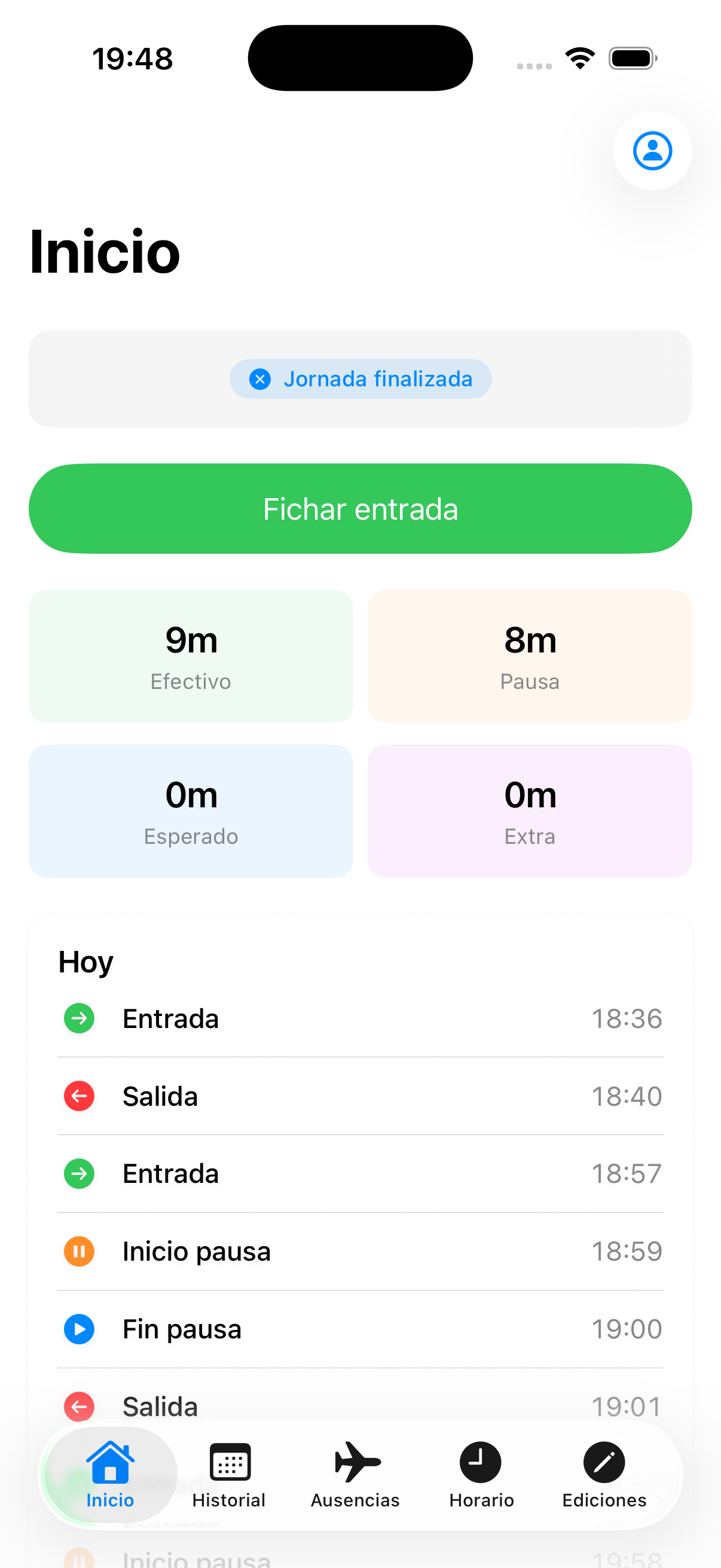 Presencia iOS app showing clock-in screen with live timer, status badge and today's entries