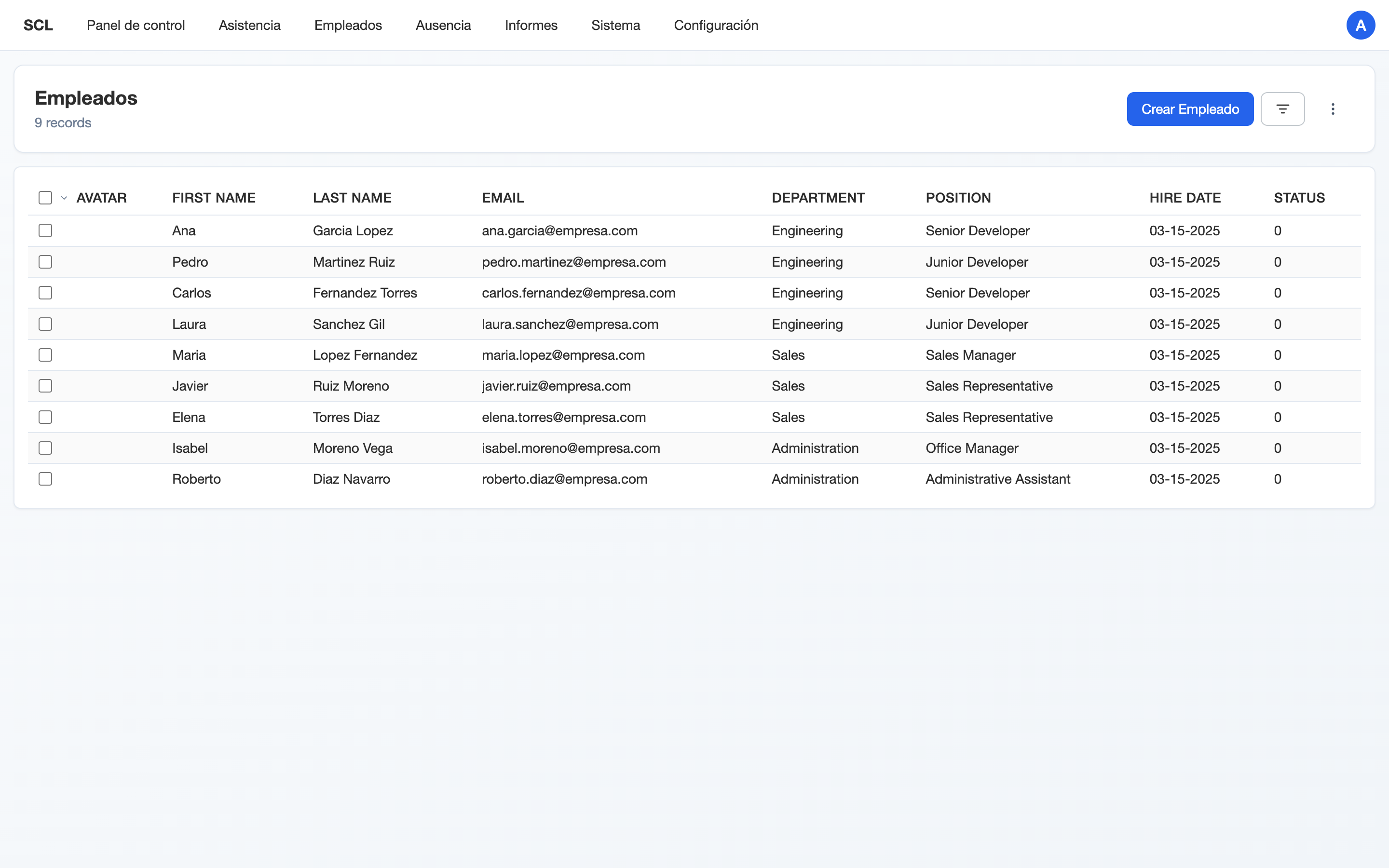 Employee list showing 9 employees with name, email, department, position and hire date
