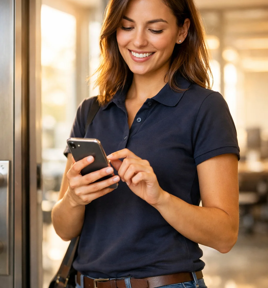 Empleada fichando con su móvil al llegar a la oficina